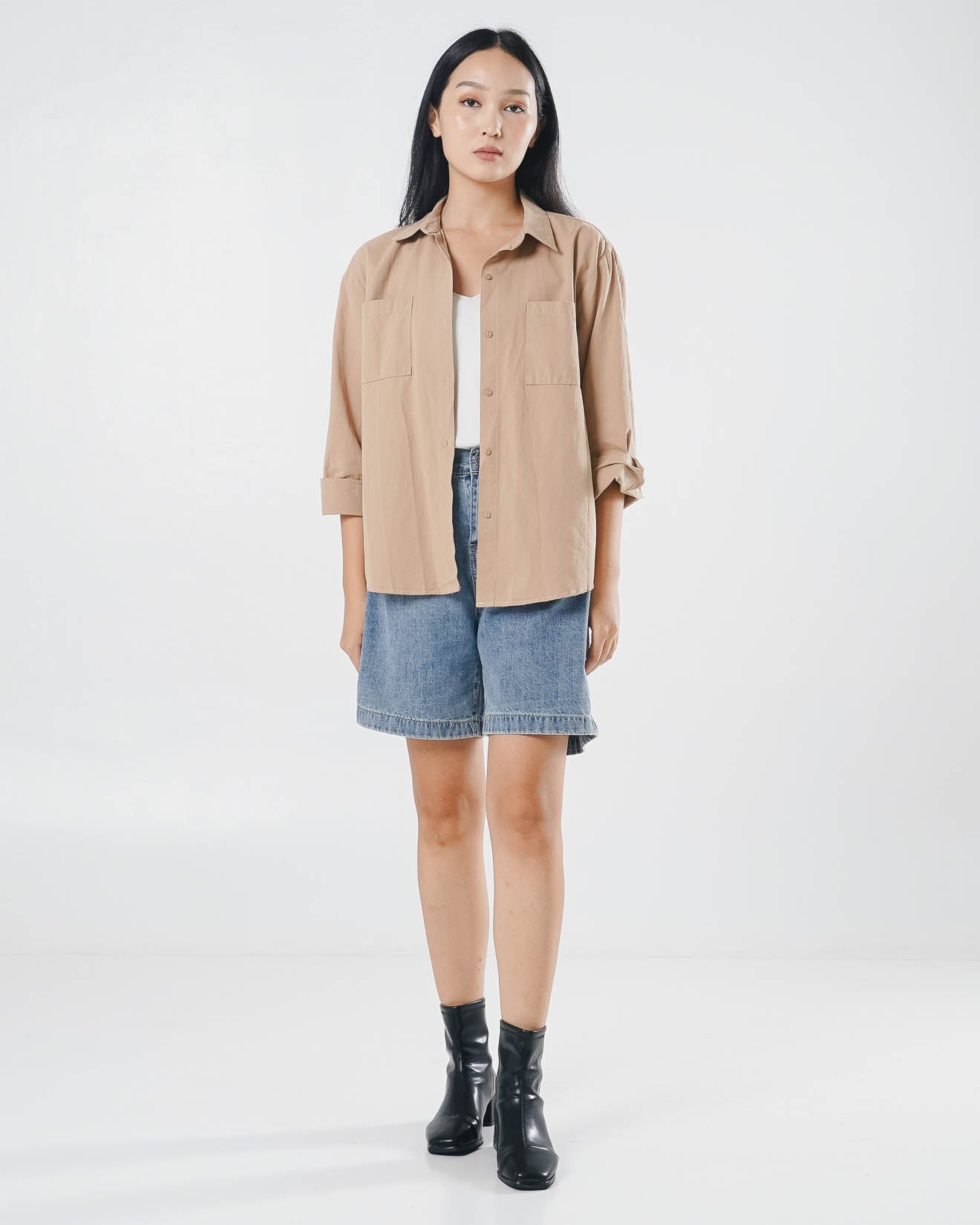 Baline Oversized Pockets Shirt Brown - Kemeja Wanita Lengan Panjang