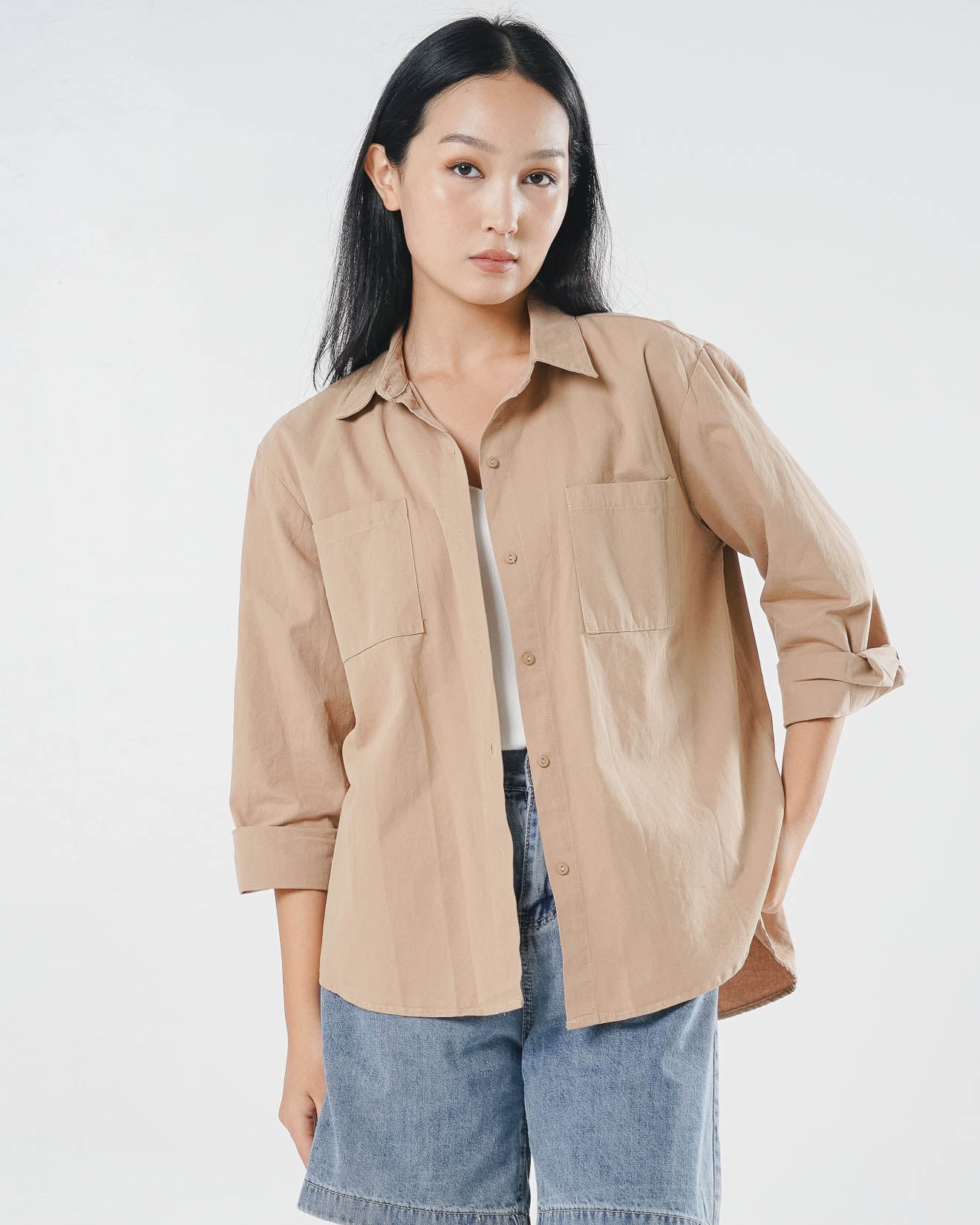 Baline Oversized Pockets Shirt Brown - Kemeja Wanita Lengan Panjang