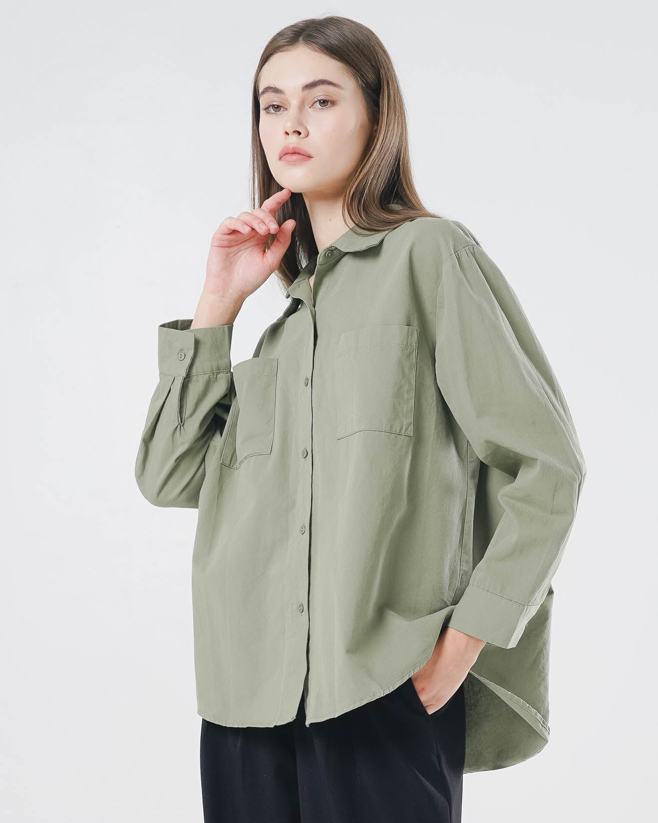 Baline Oversized Pockets Shirt Army - Kemeja Wanita Lengan Panjang