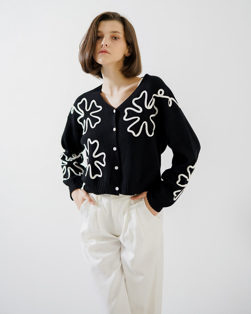 Calendula Embroidery Black Cardigan - Outer Rajut Wanita