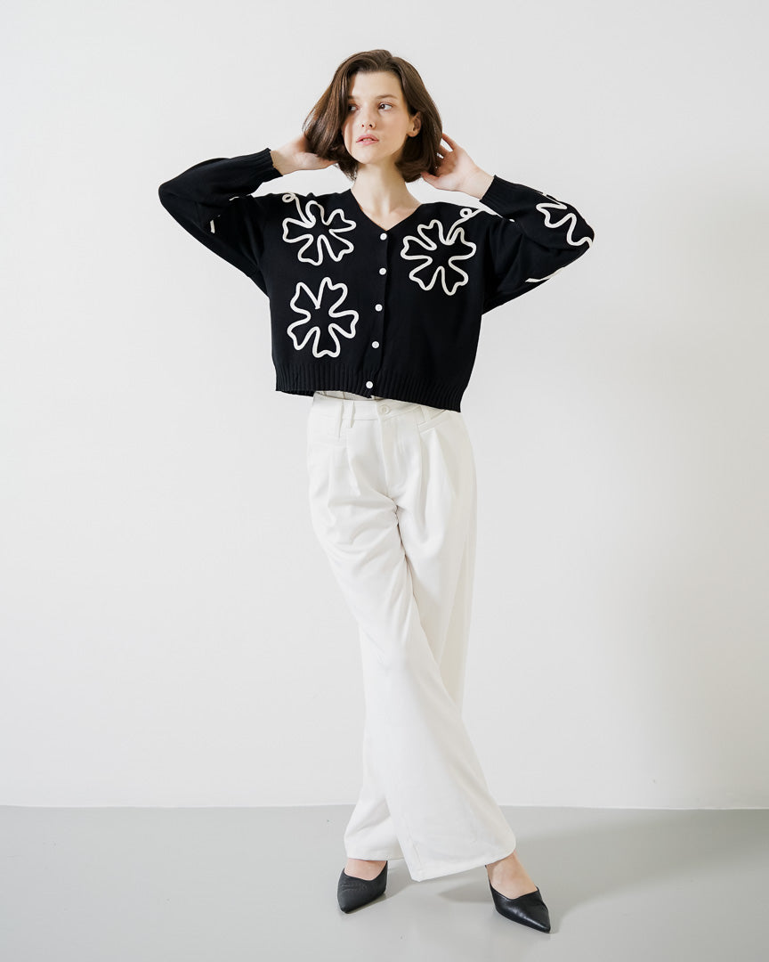 Calendula Embroidery Black Cardigan - Outer Rajut Wanita