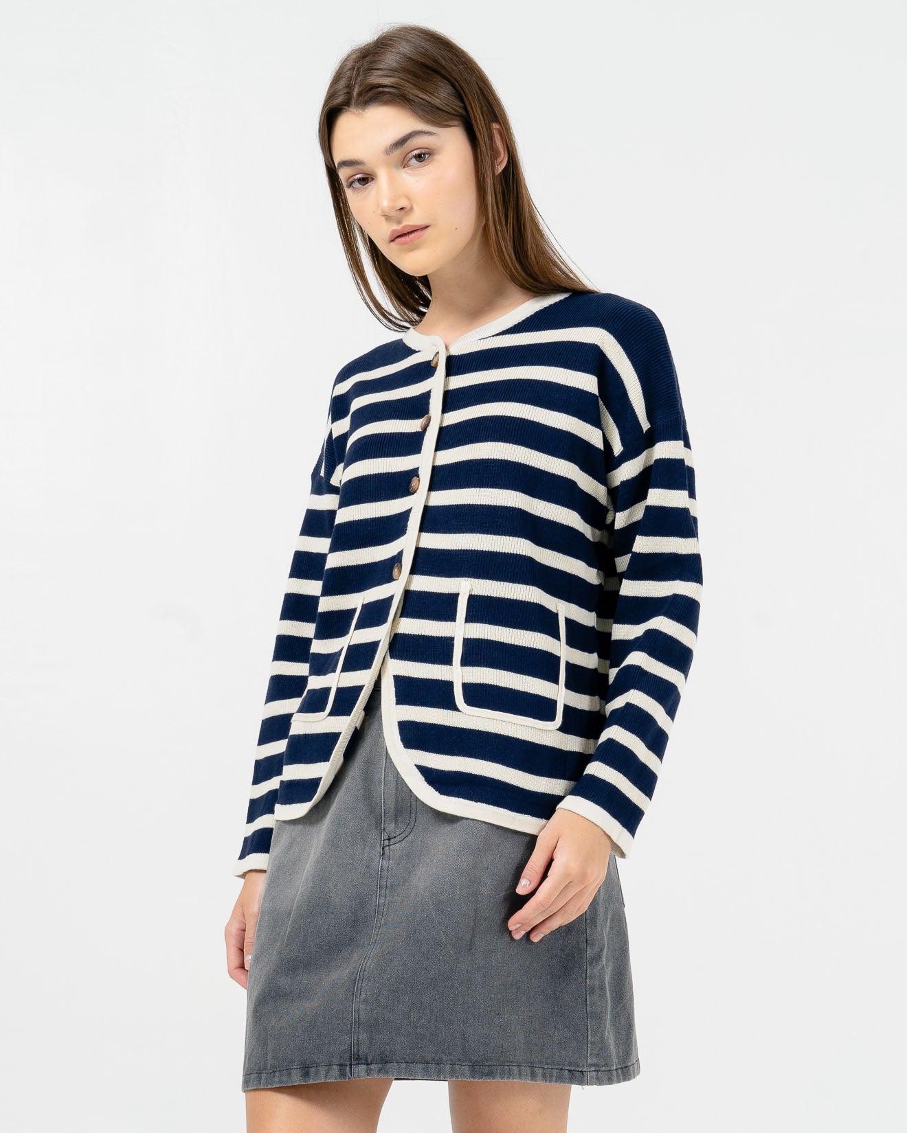 Larina Striped Navy Cardigan (RESTOCK) – Outer Knit Wanita Kekinian