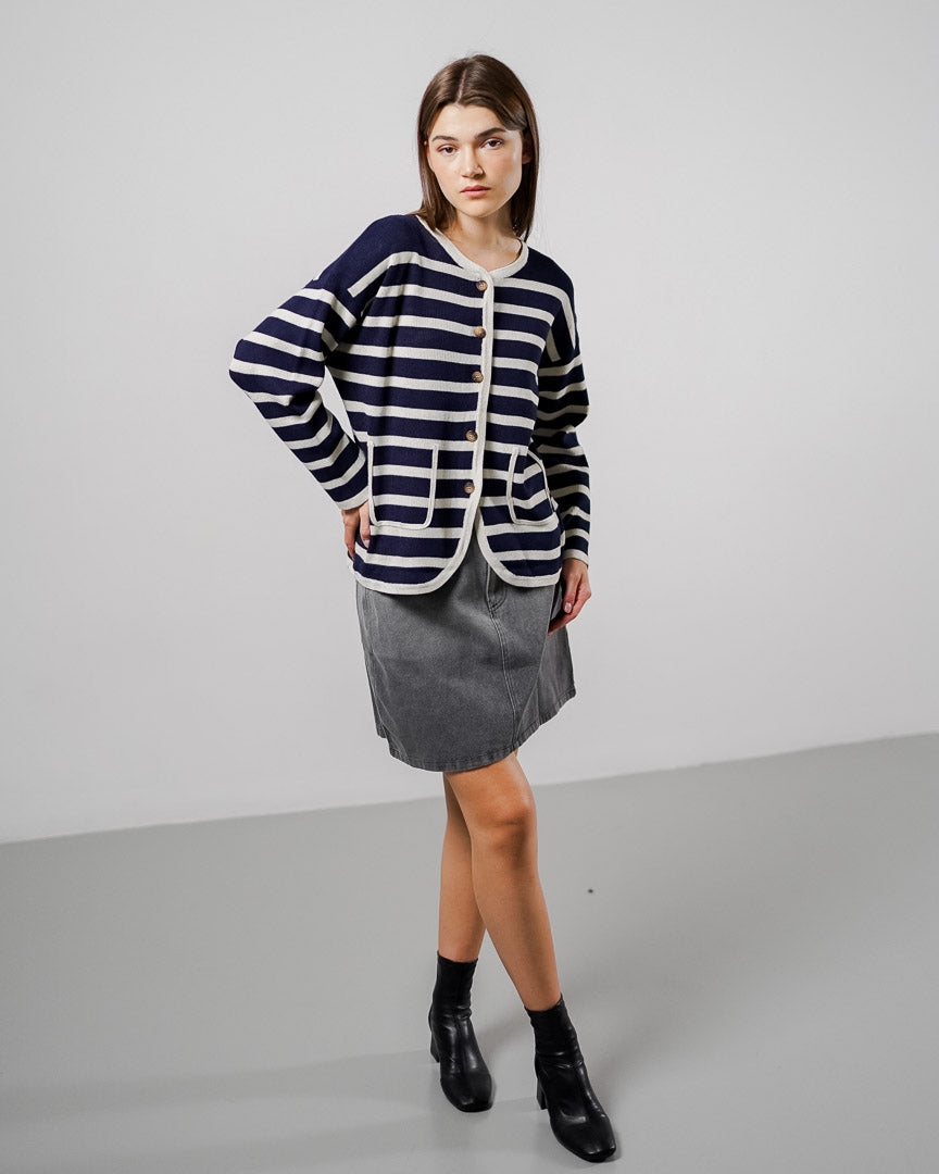 Larina Striped Navy Cardigan (RESTOCK) – Outer Knit Wanita Kekinian