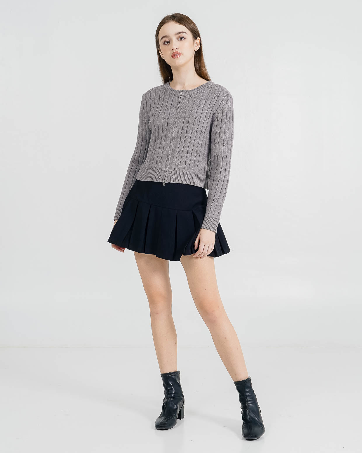 Abilene Cable Zipper Knit Grey Top – Baju Atasan Wanita Lengan Panjang