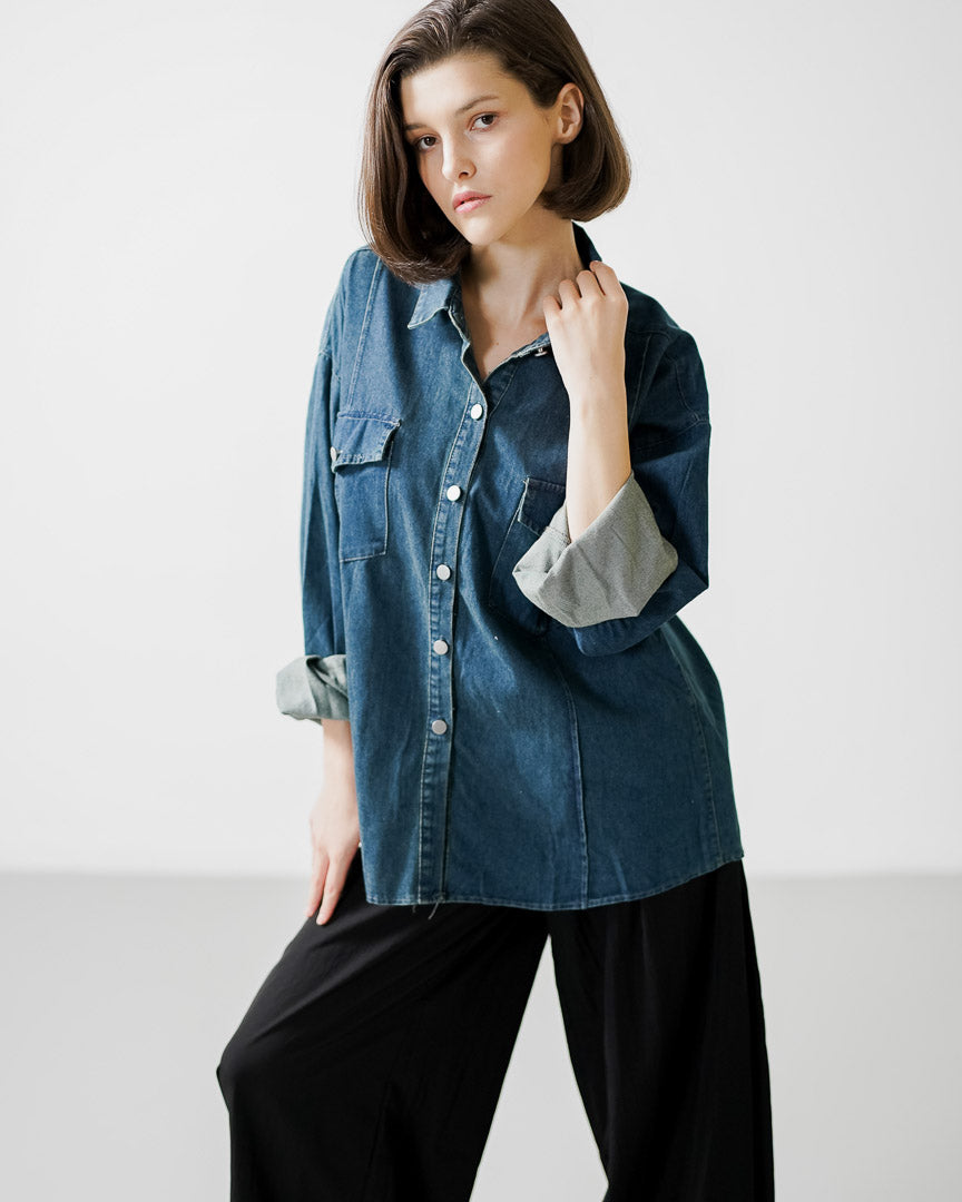 keshi Dark Denim Shirt – Baju Atasan Casual Wanita ( RESTOCK )