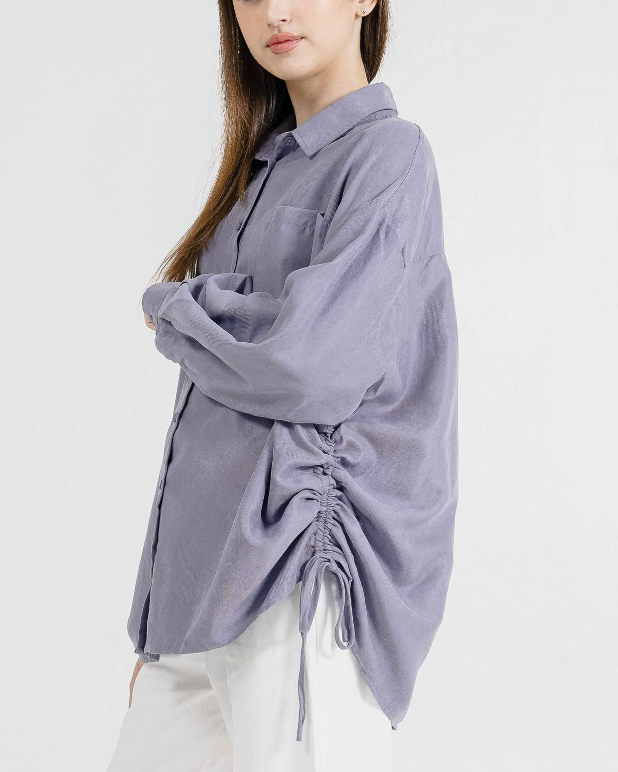 Aeron Oversized Drawstring Grey Shirt - Atasan Wanita Lengan Panjang