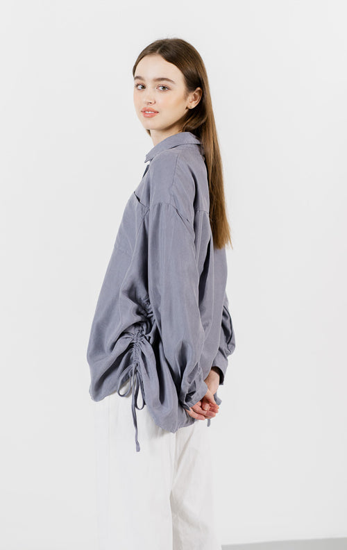 Aeron Oversized Drawstring Grey Shirt - Atasan Wanita Lengan Panjang
