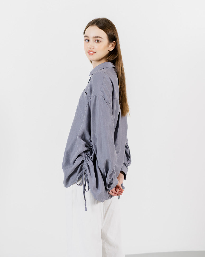 Aeron Oversized Drawstring Grey Shirt - Atasan Wanita Lengan Panjang