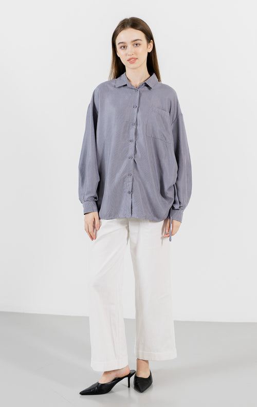 Aeron Oversized Drawstring Grey Shirt - Atasan Wanita Lengan Panjang