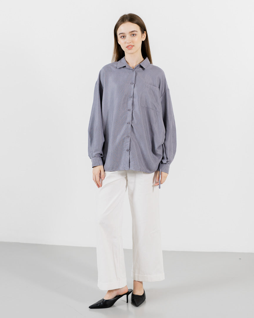 Aeron Oversized Drawstring Grey Shirt - Atasan Wanita Lengan Panjang