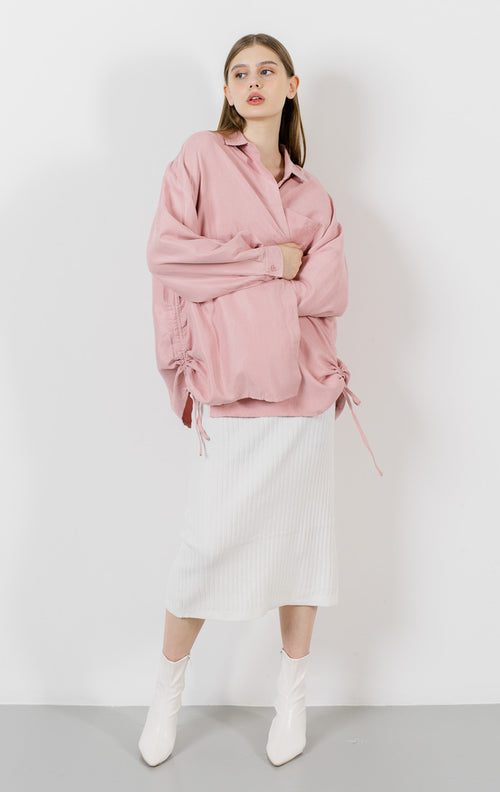Aeron Oversized Drawstring Pink Shirt – Baju Atasan Wanita Lengan Panjang