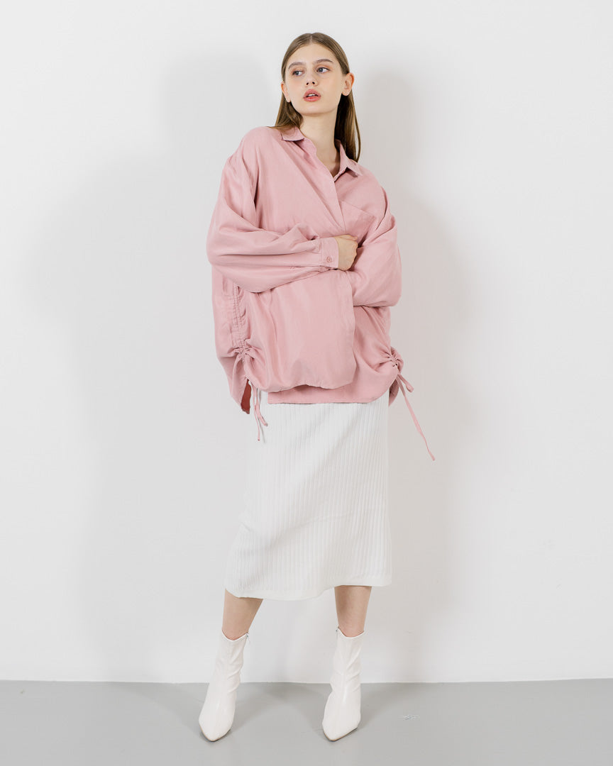 Aeron Oversized Drawstring Pink Shirt – Baju Atasan Wanita Lengan Panjang