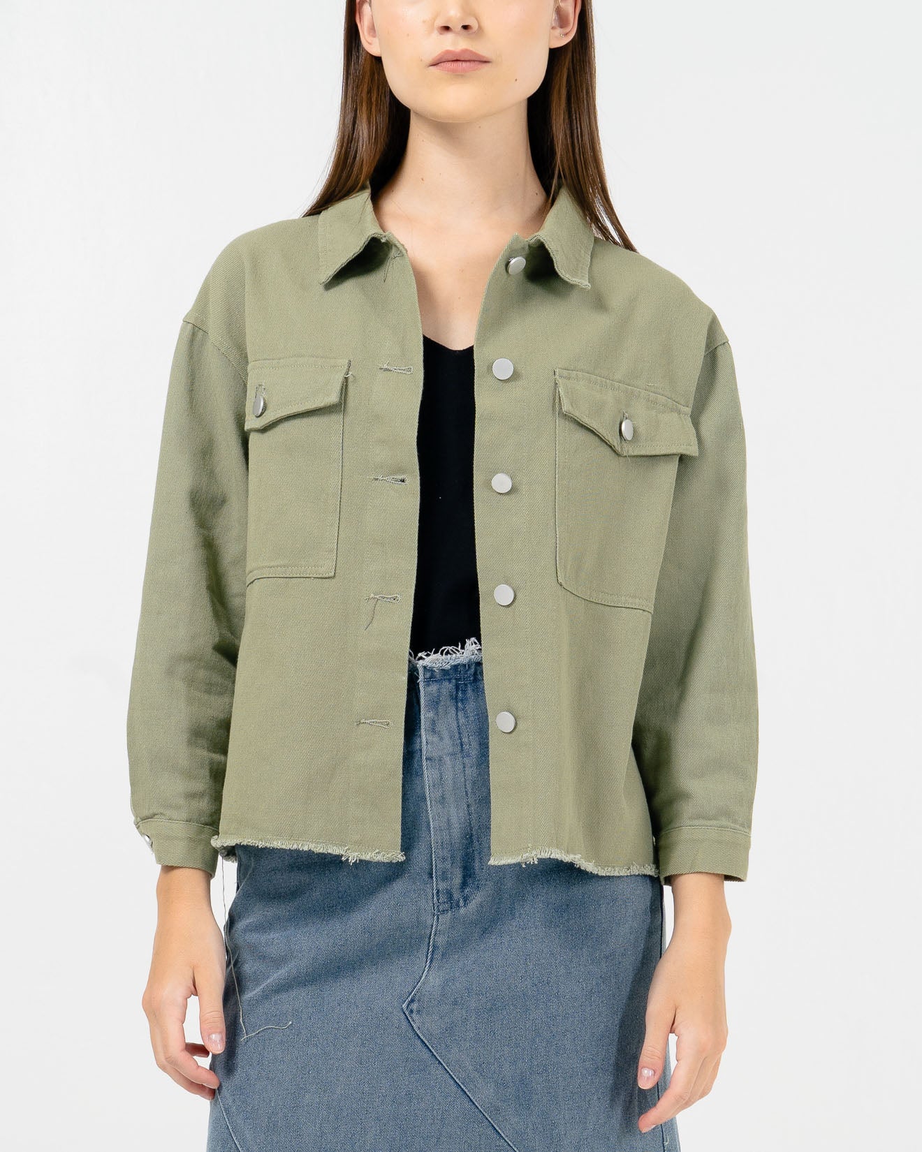 Marlo Crop Double Pockets Army Outer - Cardigan Wanita Lengan Panjang