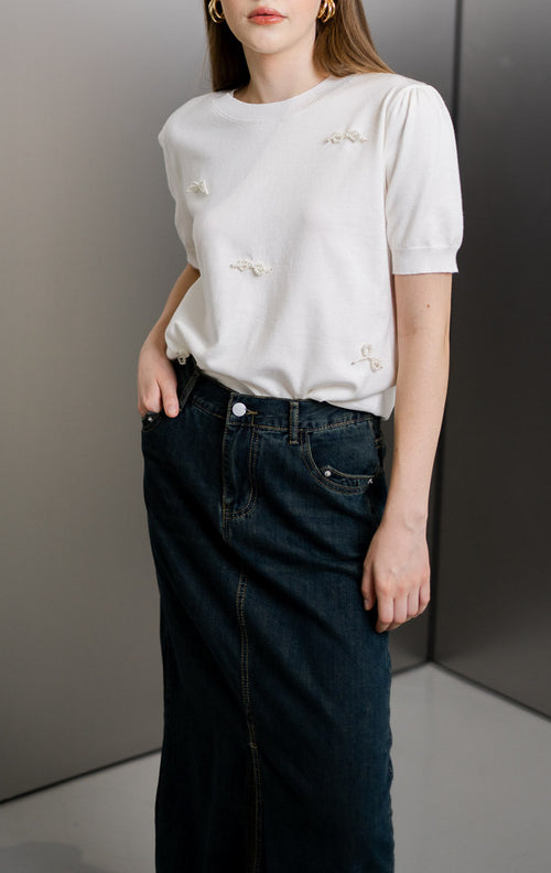 Ribbon Knit White Top – Baju Atasan Lengan Pendek Wanita Kekinian (RESTOCK)