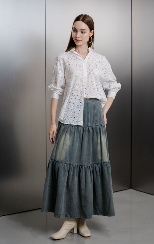 Anne Crochet White Shirt – Baju Atasan Wanita Kemeja Lengan Panjang