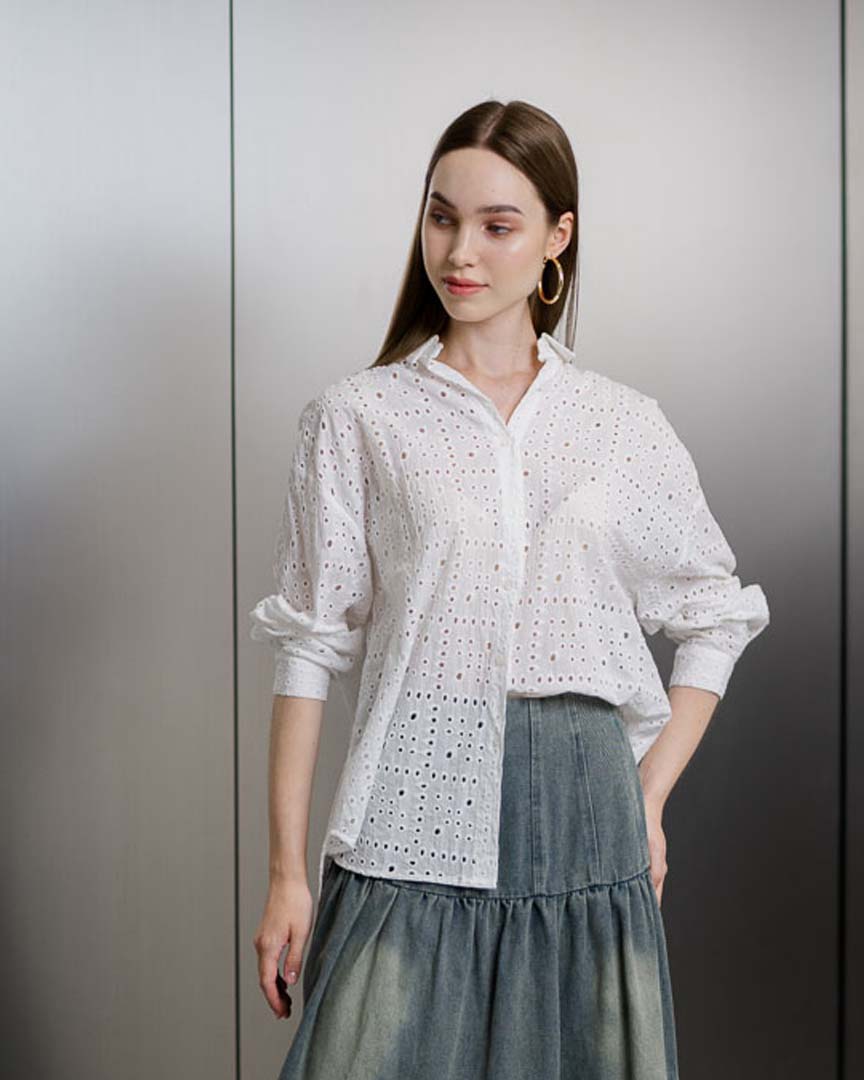 Anne Crochet White Shirt – Baju Atasan Wanita Kemeja Lengan Panjang