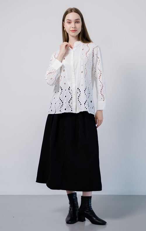 Kimora Crochet White Shirt – Atasan Blouse Wanita Lengan Panjang