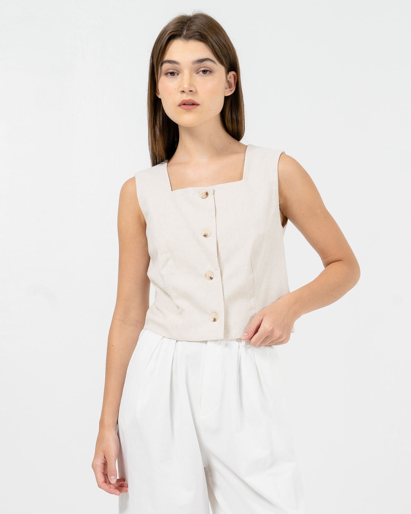 Trixie Linen Ivory Vest – Baju Atasan Wanita Tanpa Lengan