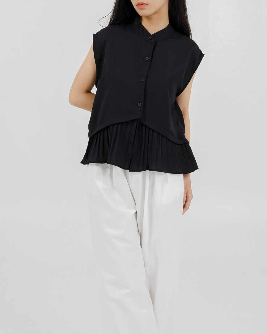 Maudy Sleeveless Pleats Black Top –  Baju Atasan Casual Wanita