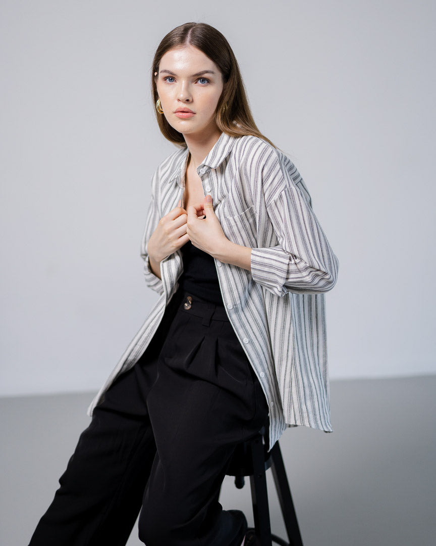 Marlie Striped Linen Black Shirt – Baju Atasan Kemeja Wanita Striped Lengan Panjang