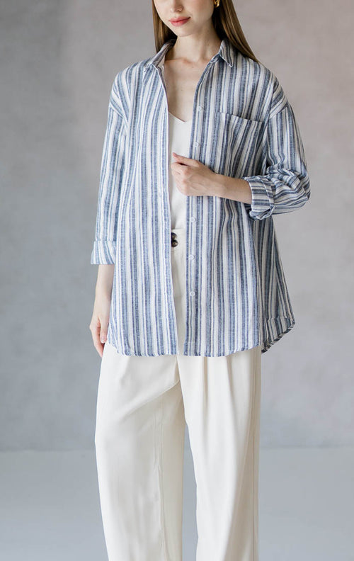Marlie Striped Linen Blue Shirt – Atasan Kemeja Wanita Striped Lengan Panjang
