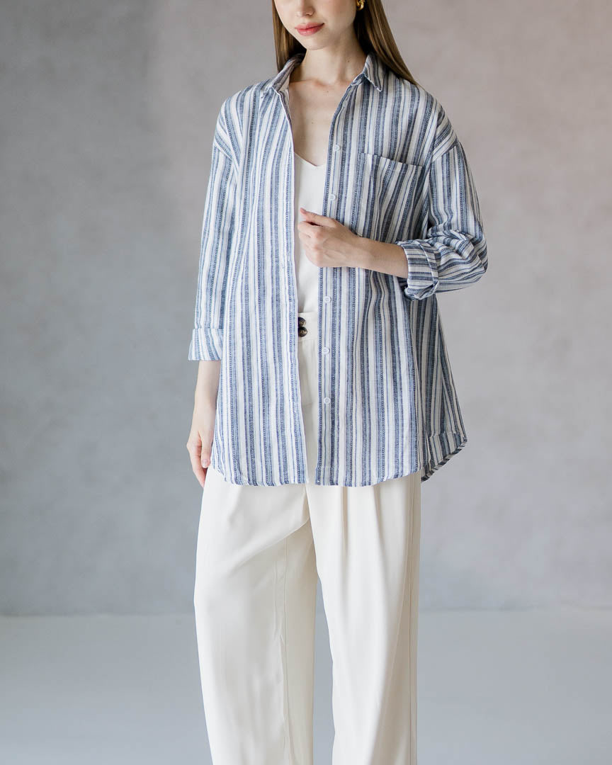 Marlie Striped Linen Blue Shirt – Atasan Kemeja Wanita Striped Lengan Panjang