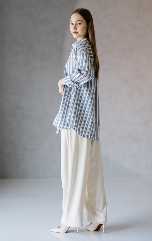 Marlie Striped Linen Blue Shirt – Atasan Kemeja Wanita Striped Lengan Panjang
