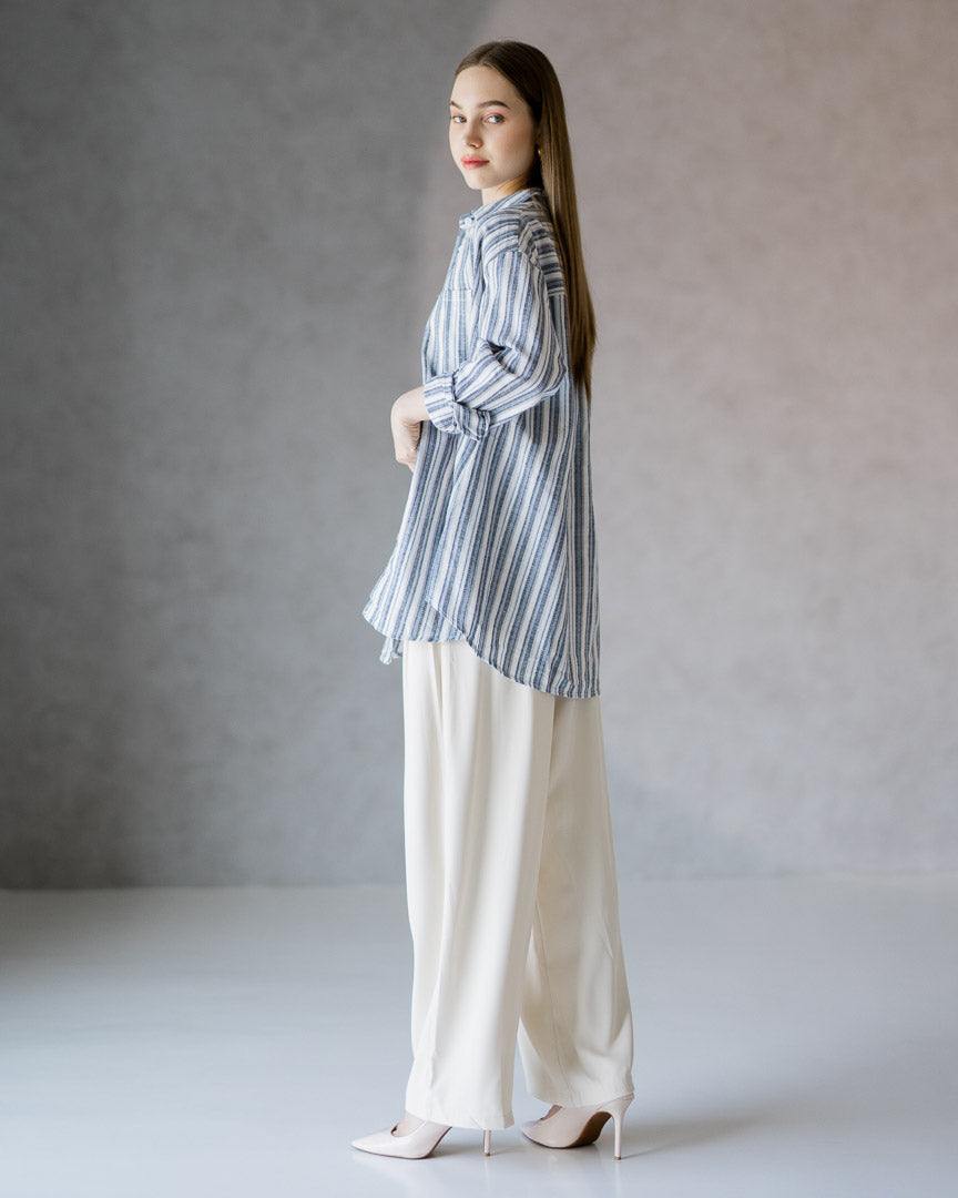 Marlie Striped Linen Blue Shirt – Atasan Kemeja Wanita Striped Lengan Panjang