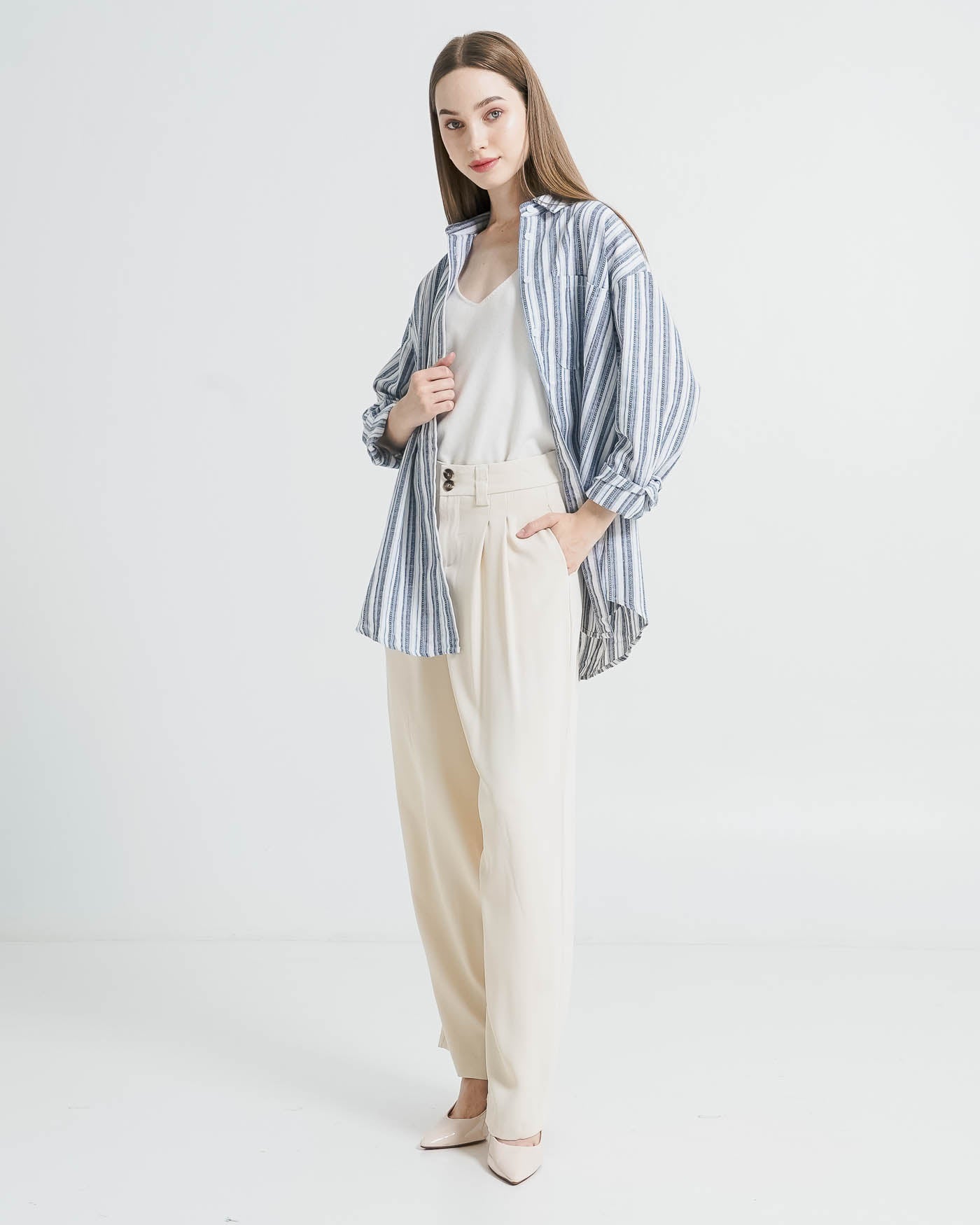 Marlie Striped Linen Blue Shirt – Atasan Kemeja Wanita Striped Lengan Panjang