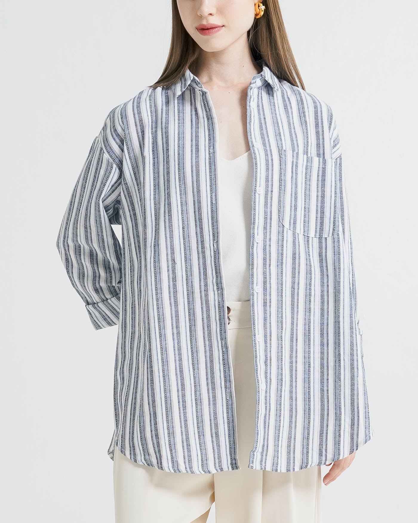 Marlie Striped Linen Blue Shirt – Atasan Kemeja Wanita Striped Lengan Panjang