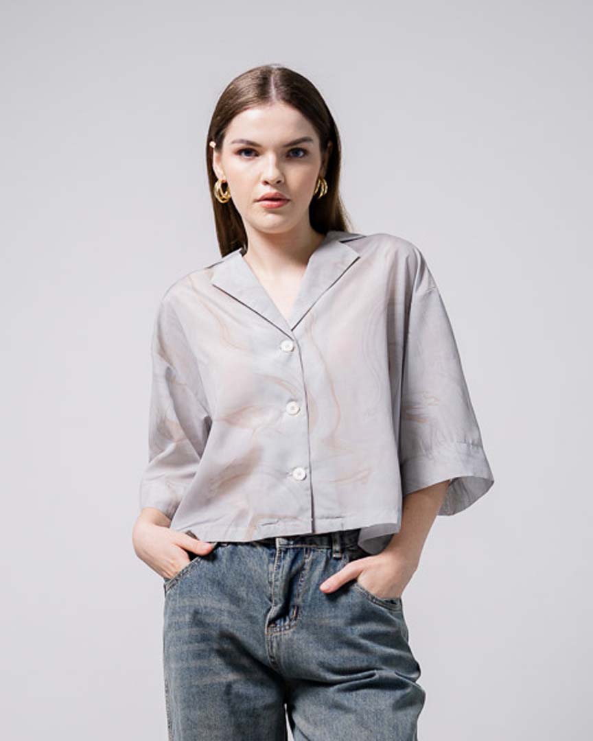 Ardel Crop Sheer Grey Shirt  Grey - Atasan Blouse Wanita Kekinian