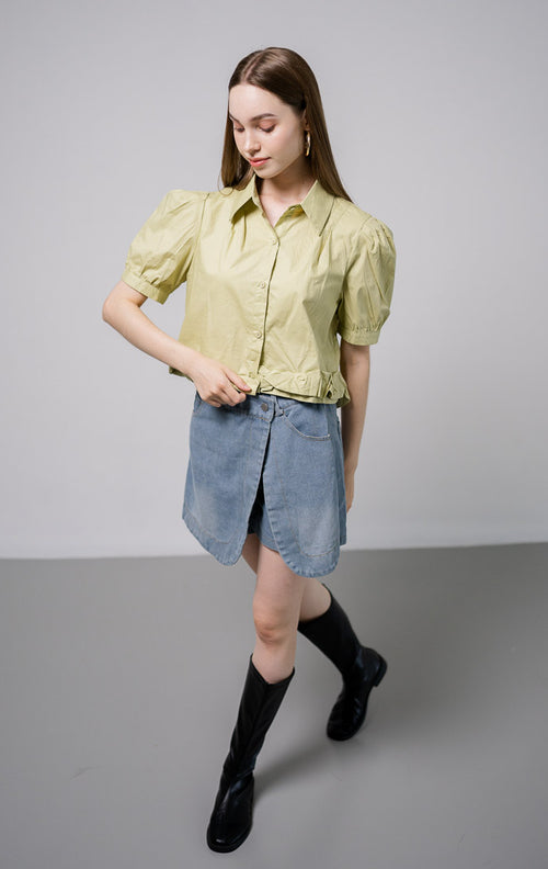 Sherla Crop Ruffle Sage Shirt - Kemeja Wanita Kekinian Lengan Pendek