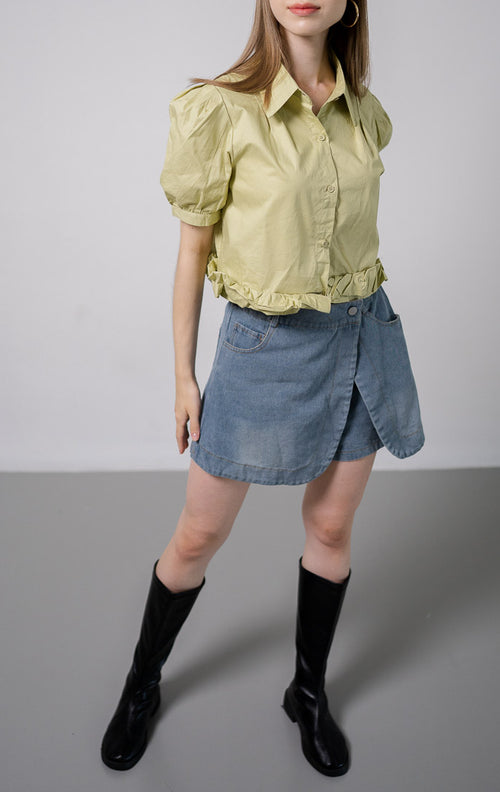 Sherla Crop Ruffle Sage Shirt - Kemeja Wanita Kekinian Lengan Pendek