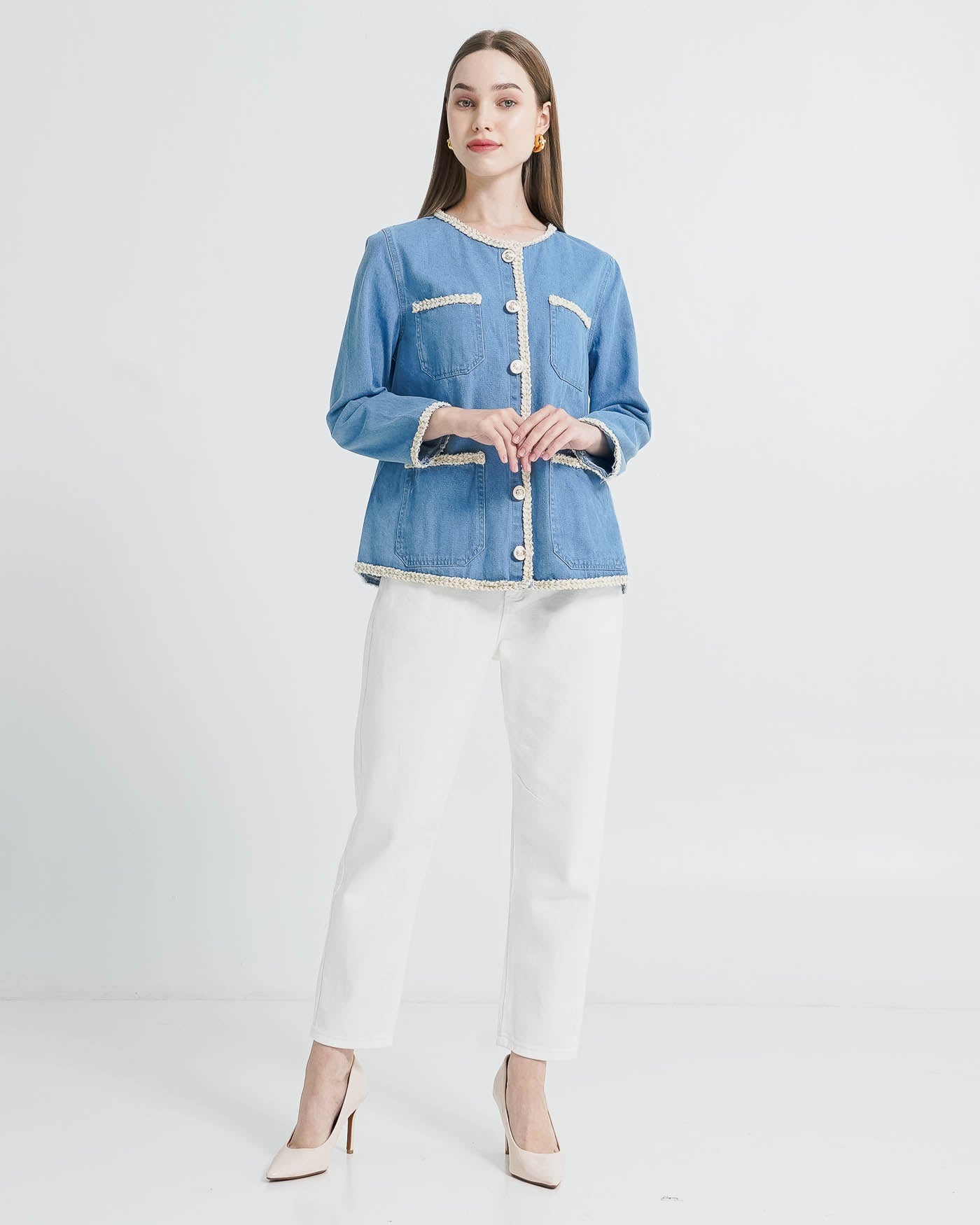 Daphne Tweed Denim Outer - Jacket Wanita Kekinian Lengan Panjang