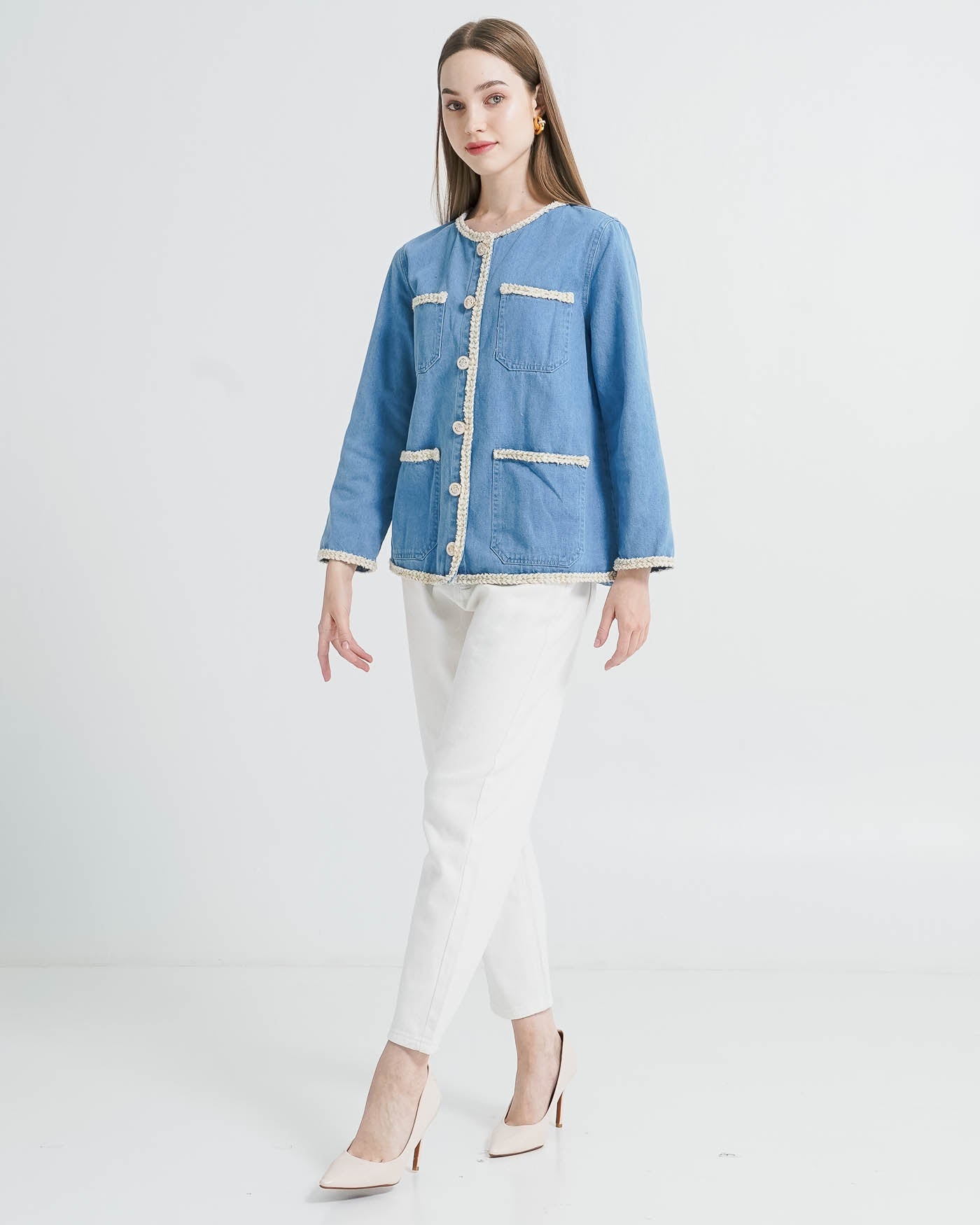 Daphne Tweed Denim Outer - Jacket Wanita Kekinian Lengan Panjang