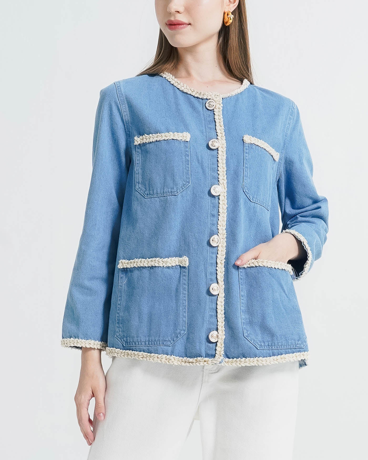 Daphne Tweed Denim Outer - Jacket Wanita Kekinian Lengan Panjang