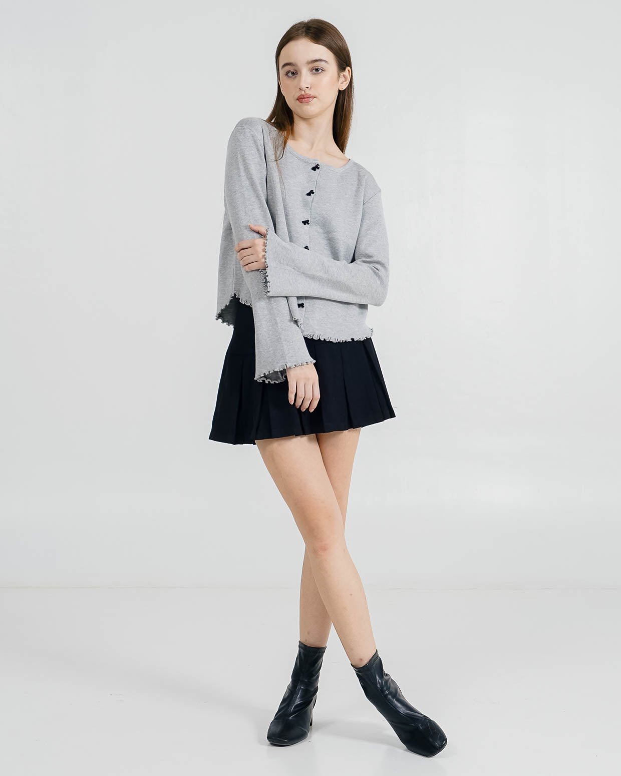 Laurie Ribbon Button Grey Cardigan – Outer Wanita Casual Kekinian