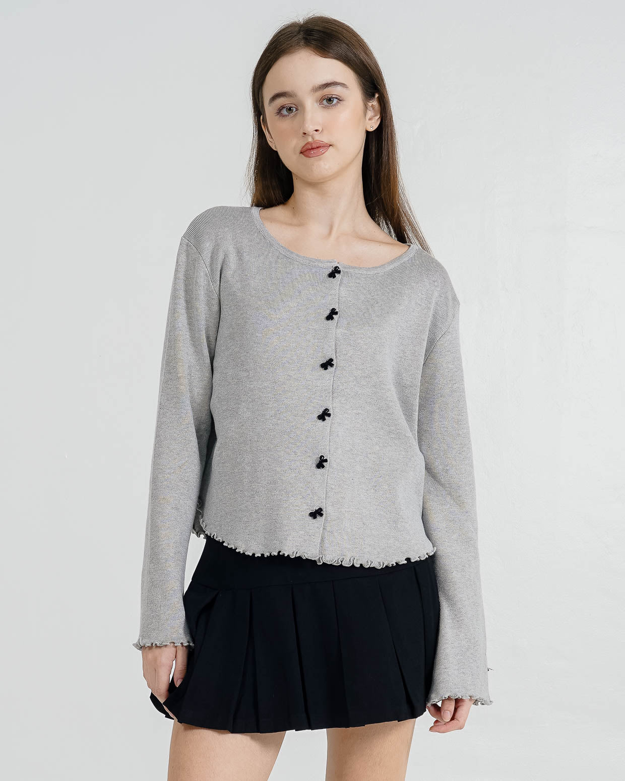 Laurie Ribbon Button Grey Cardigan – Outer Wanita Casual Kekinian