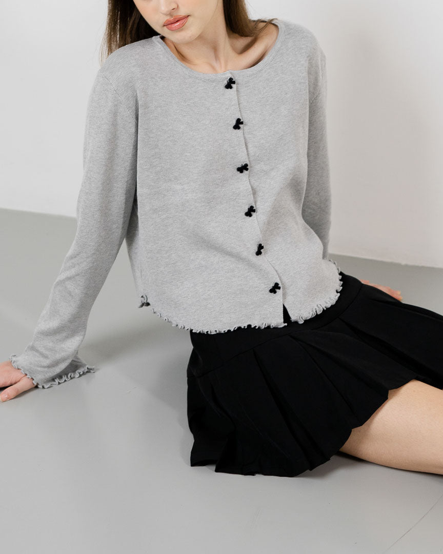 Laurie Ribbon Button Grey Cardigan – Outer Wanita Casual Kekinian