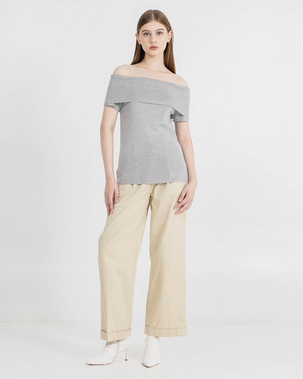 Leona Detachable Sleeve Shoulder Grey Top – Atasan Wanita Casual