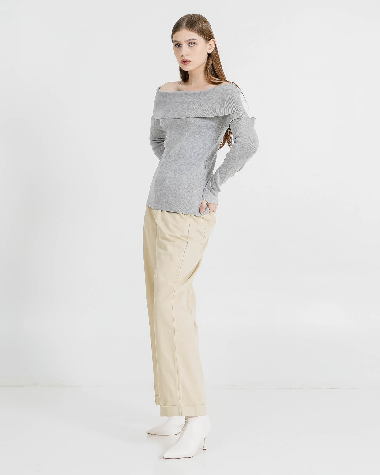 Leona Detachable Sleeve Shoulder Grey Top – Atasan Wanita Casual