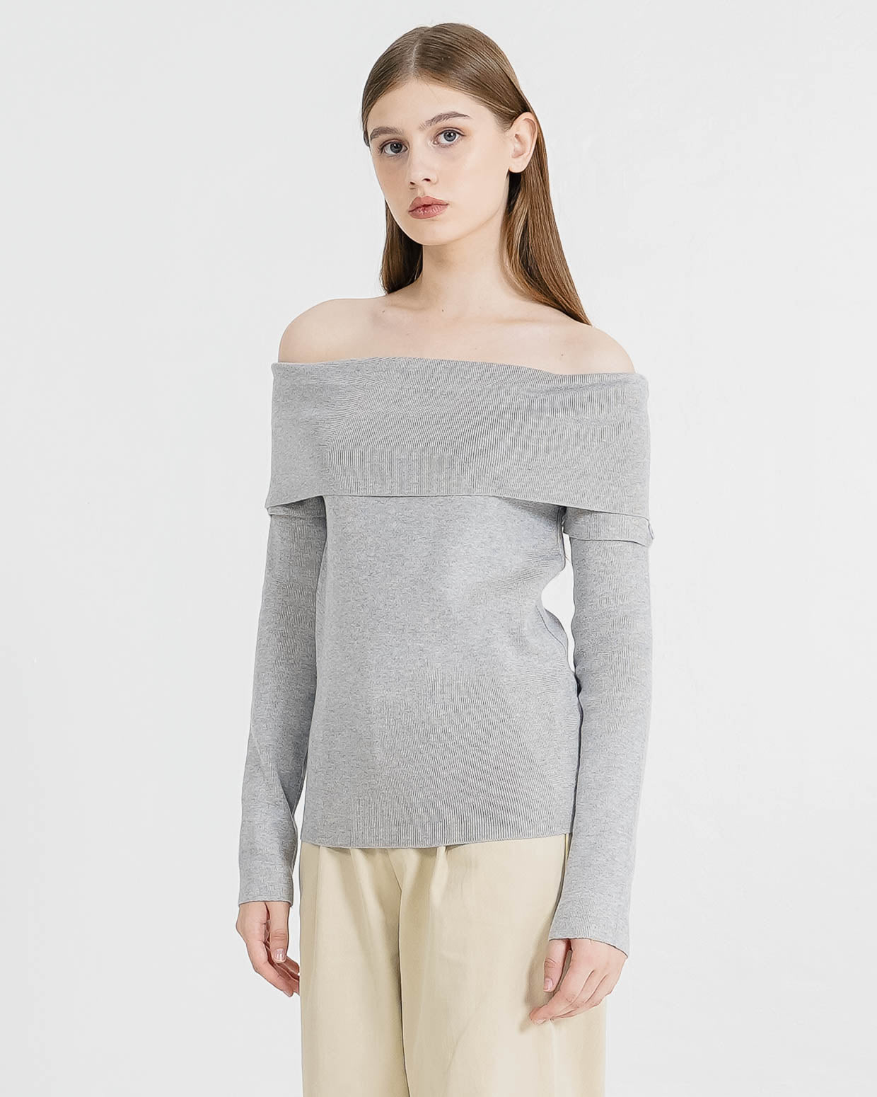 Leona Detachable Sleeve Shoulder Grey Top – Atasan Wanita Casual