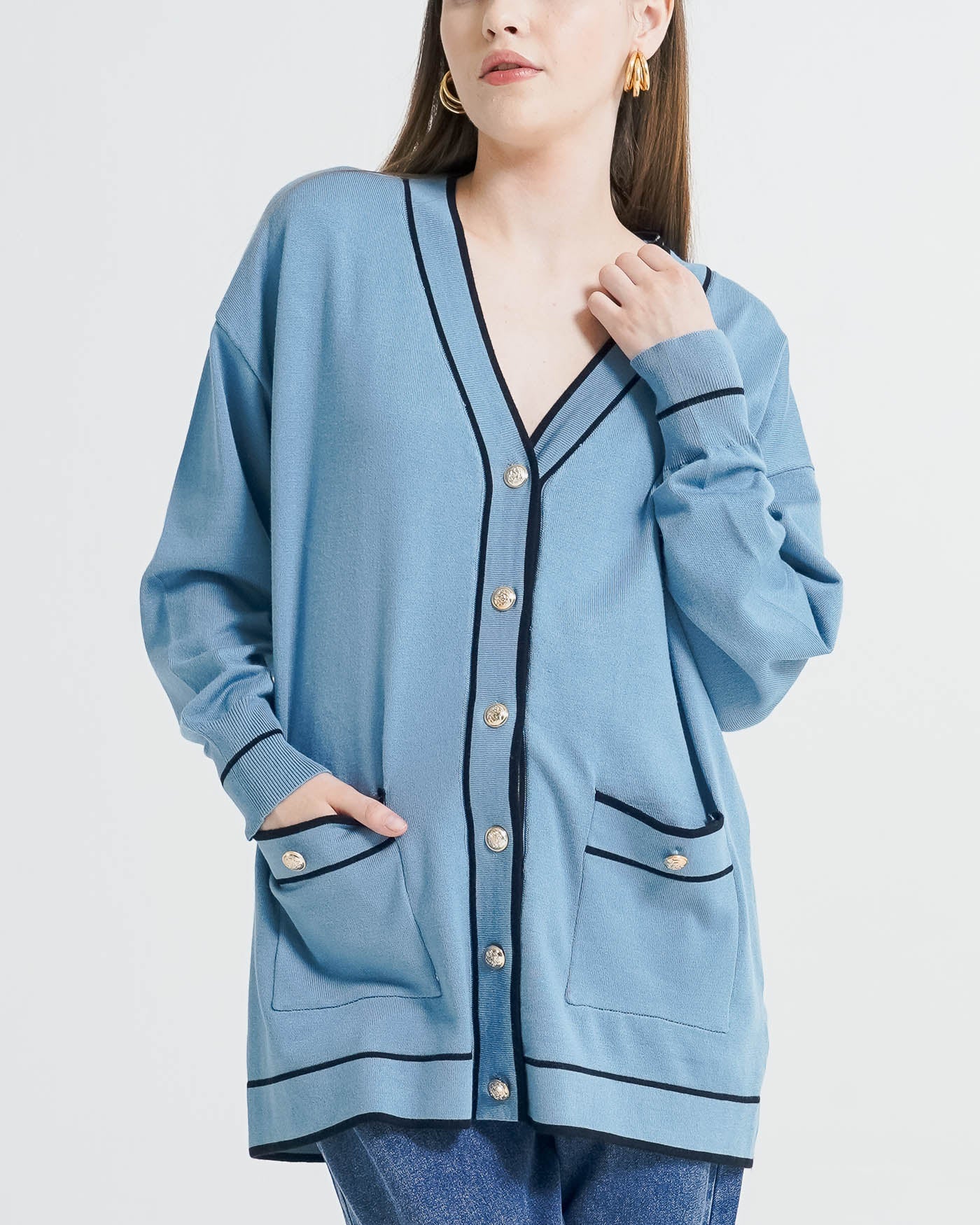 Colleta Oversized Blue Cardigan - Outer Lengan Panjang Wanita