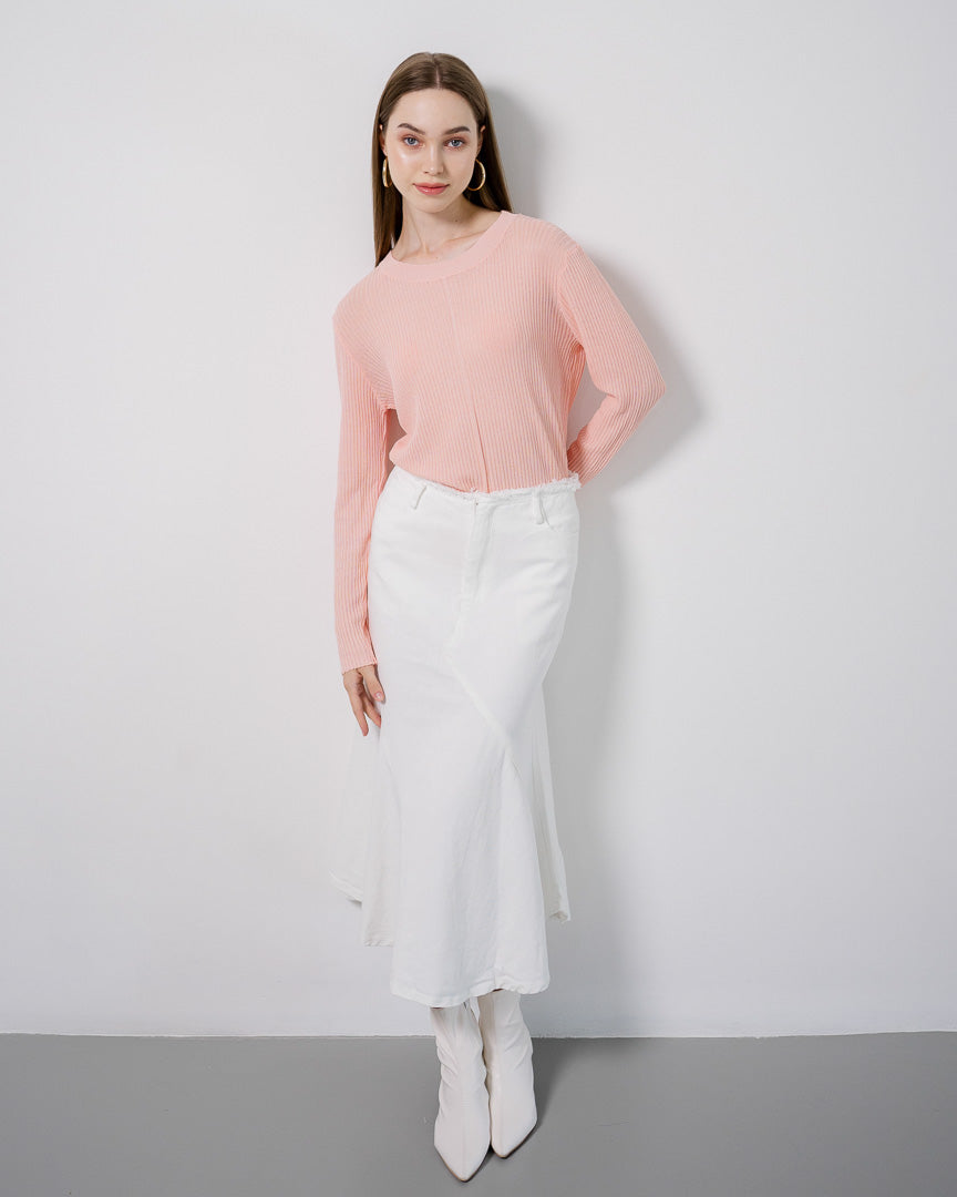 Viora Sheer Knit Pink Top – Atasan Wanita Knit Lengan Panjang