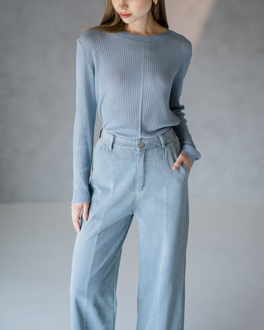 Viora Sheer Knit Blue Top – Atasan Wanita Knit Lengan Panjang