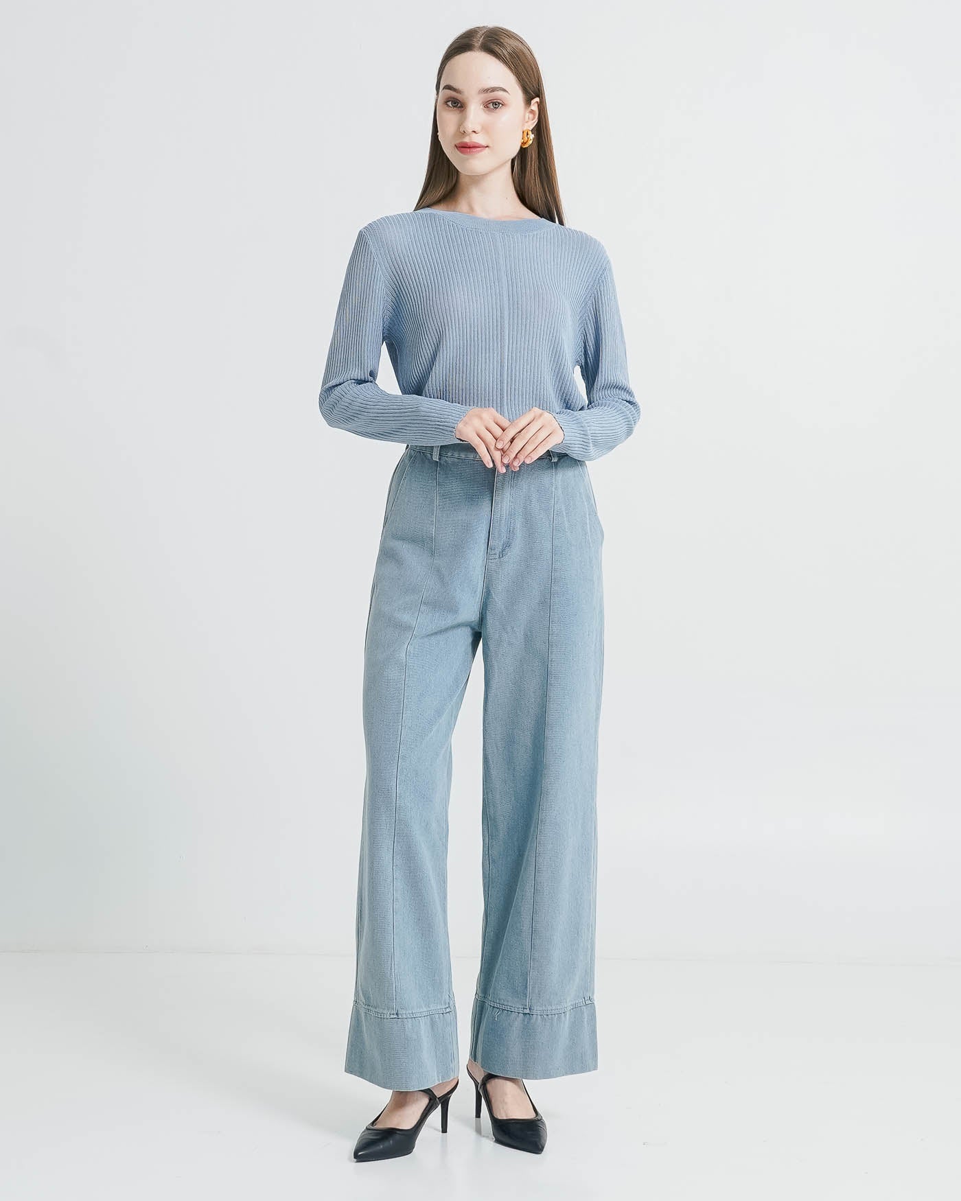 Viora Sheer Knit Blue Top – Atasan Wanita Knit Lengan Panjang