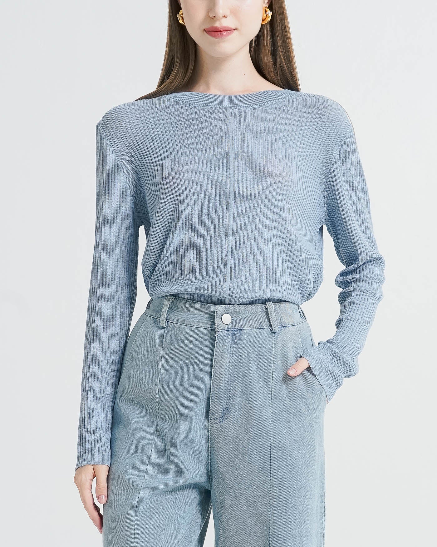 Viora Sheer Knit Blue Top – Atasan Wanita Knit Lengan Panjang