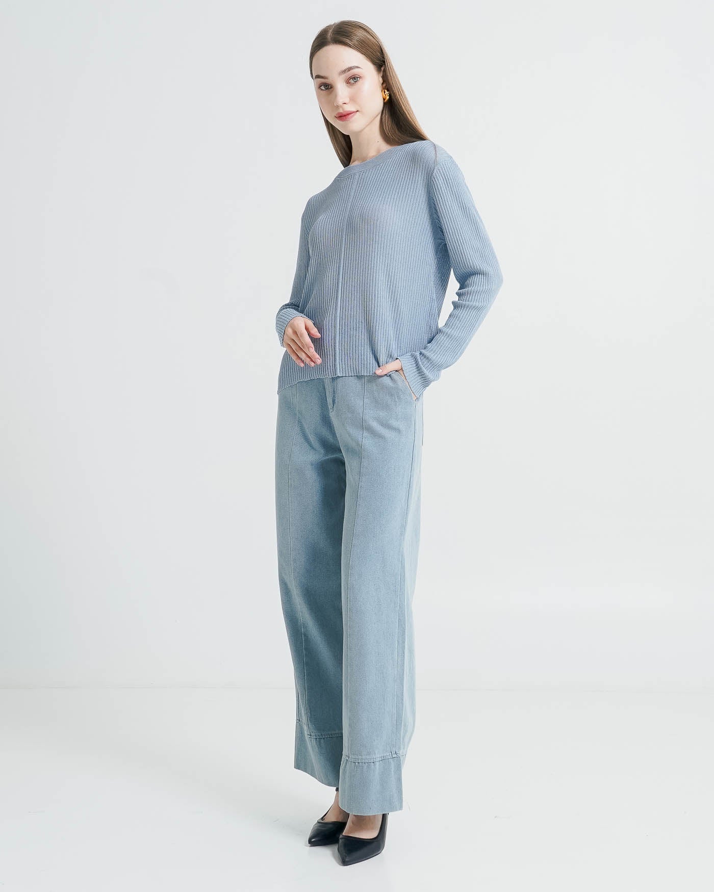 Viora Sheer Knit Blue Top – Atasan Wanita Knit Lengan Panjang