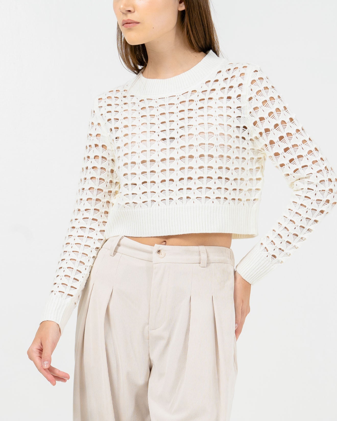 Arla Mesh Knit Crop White Top – Baju Atasan Knit Wanita Kekinian