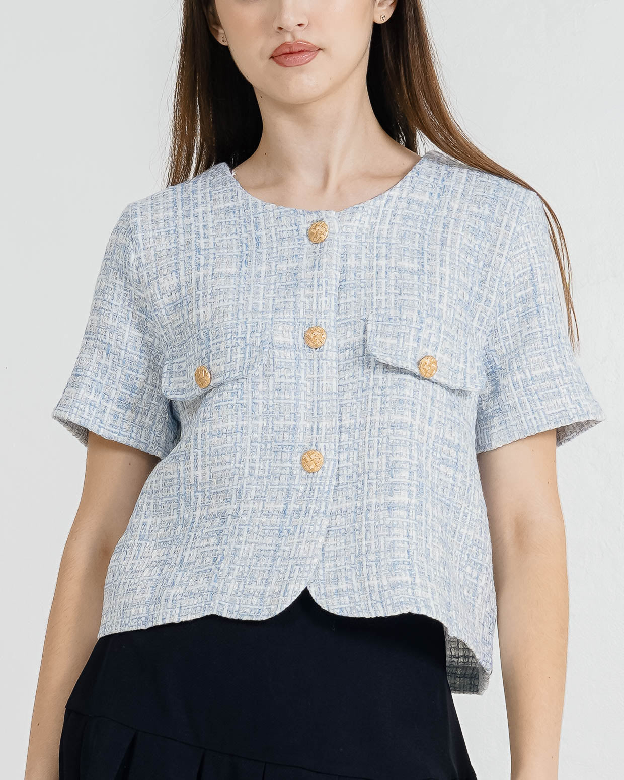 Sophia Crop Tweed Blue Top – Atasan Wanita Casual